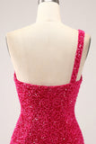 Glittrande Fuchsia Mermaid One Shoulder Lång Paljett Balklänning med slits