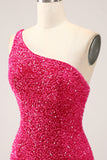 Glittrande Fuchsia Mermaid One Shoulder Lång Paljett Balklänning med slits