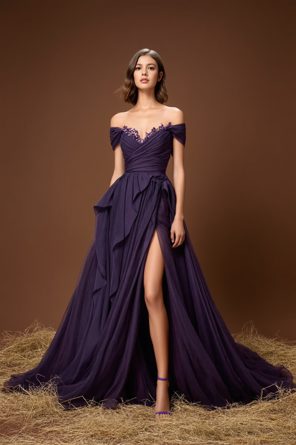 Elegant Lila Off-Shoulder En Linje Lång Balklänning Med Spalt