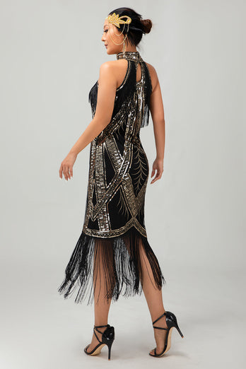 Bodycon Halter Svart Gyllene Paljett 1920-tal Klänning Med Fransar