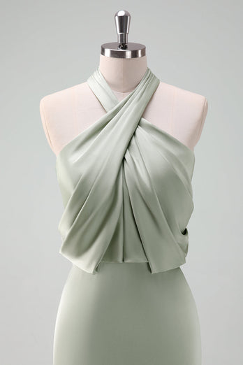 Dusty Sage Slida Halter Neck Satin Lång Brudtärna Klänning