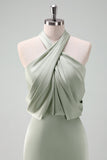 Dusty Sage Slida Halter Neck Satin Lång Brudtärna Klänning