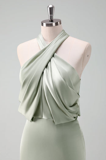 Dusty Sage Slida Halter Neck Satin Lång Brudtärna Klänning