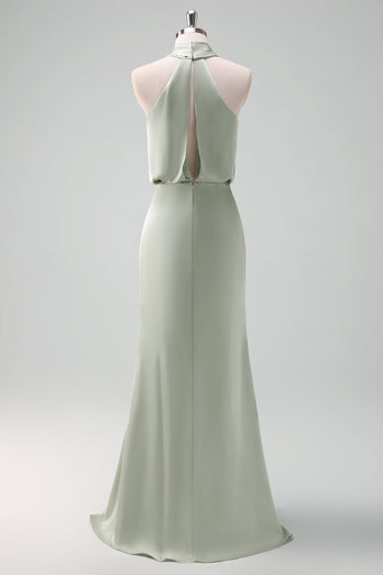 Dusty Sage Slida Halter Neck Satin Lång Brudtärna Klänning