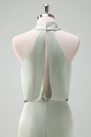 Dusty Sage Slida Halter Neck Satin Lång Brudtärna Klänning