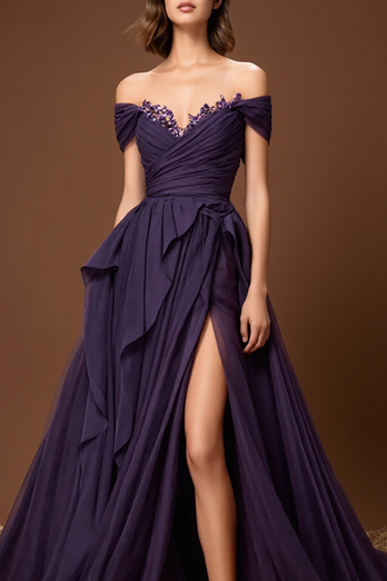 Elegant Lila Off-Shoulder En Linje Lång Balklänning Med Spalt