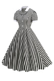Svart A Line Stripe 1950-tal Klänning med ärmar