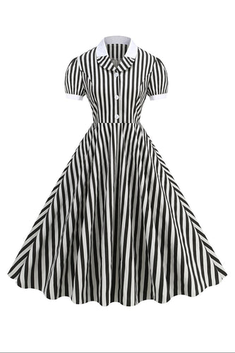 Svart A Line Stripe 1950-tal Klänning med ärmar