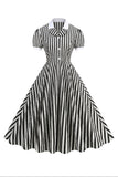 Svart A Line Stripe 1950-tal Klänning med ärmar