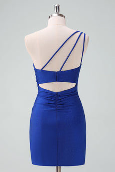 Royal Blue One Shoulder Bodycon Rynkad Kort Homecoming Klänning