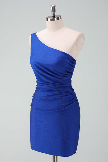 Royal Blue One Shoulder Bodycon Rynkad Kort Homecoming Klänning