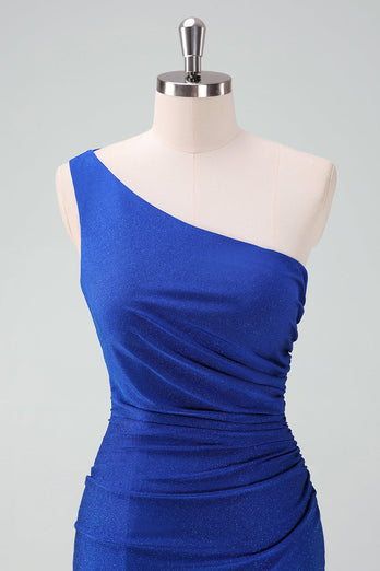 Royal Blue One Shoulder Bodycon Rynkad Kort Homecoming Klänning