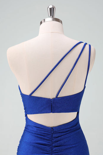 Royal Blue One Shoulder Bodycon Rynkad Kort Homecoming Klänning