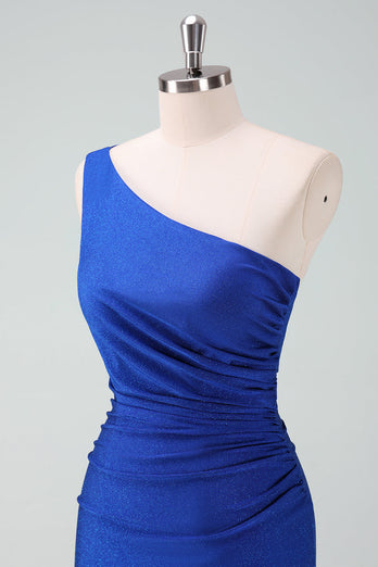 Royal Blue One Shoulder Bodycon Rynkad Kort Homecoming Klänning