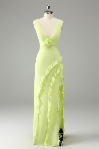 Lime Djup V-ringning Ruffles Bröllopsgästklänning med slits