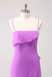 Tahiti Ruffle Spaghetti Straps Chiffong Lång Brudtärna Klänning med Slits
