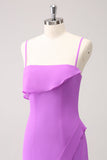 Tahiti Ruffle Spaghetti Straps Chiffong Lång Brudtärna Klänning med Slits