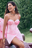 Snygg glittrande rosa spaghetti remmar Korsett tight Homecoming klänning med beading