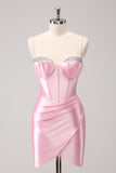 Snygg glittrande rosa spaghetti remmar Korsett tight Homecoming klänning med beading