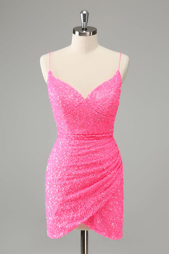 Glitter Hot Pink Bodycon Spaghetti Straps Paljetter Kort Homecoming Klänning