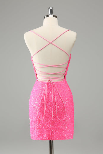 Glitter Hot Pink Bodycon Spaghetti Straps Paljetter Kort Homecoming Klänning