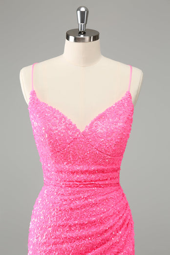 Glitter Hot Pink Bodycon Spaghetti Straps Paljetter Kort Homecoming Klänning