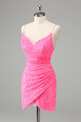 Glitter Hot Pink Bodycon Spaghetti Straps Paljetter Kort Homecoming Klänning