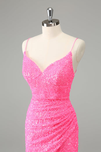 Glitter Hot Pink Bodycon Spaghetti Straps Paljetter Kort Homecoming Klänning