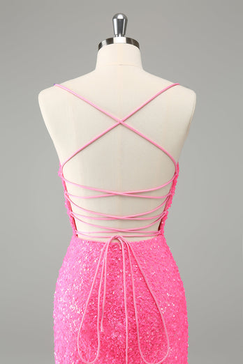 Glitter Hot Pink Bodycon Spaghetti Straps Paljetter Kort Homecoming Klänning