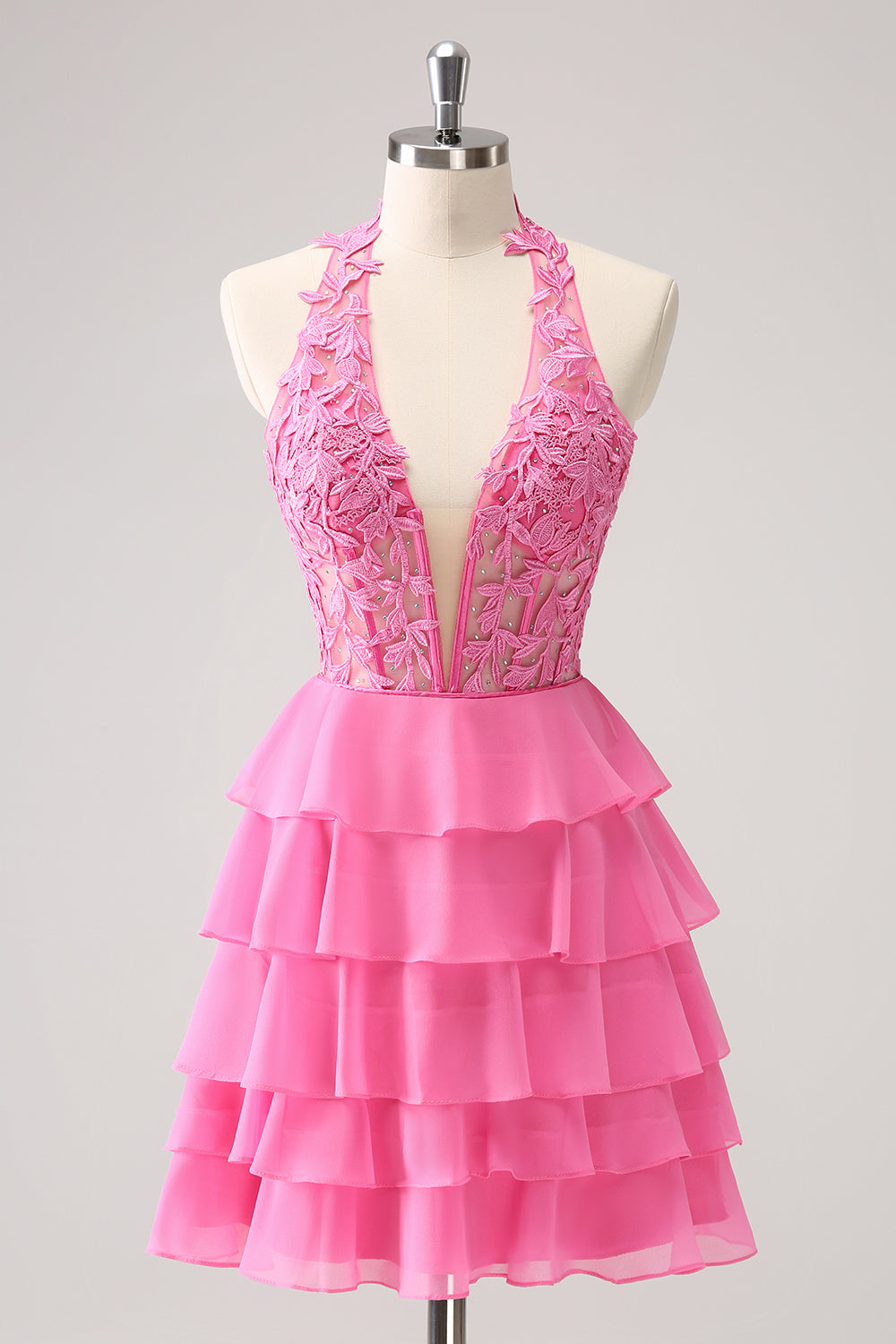 Hot Pink A Line Halter Tiered Korsett Kort Homecoming Klänning med volanger