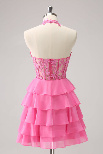 Hot Pink A Line Halter Tiered Korsett Kort Homecoming Klänning med volanger