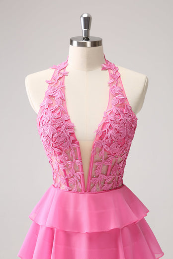 Hot Pink A Line Halter Tiered Korsett Kort Homecoming Klänning med volanger