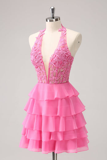 Hot Pink A Line Halter Tiered Korsett Kort Homecoming Klänning med volanger