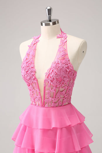 Hot Pink A Line Halter Tiered Korsett Kort Homecoming Klänning med volanger