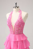 Hot Pink A Line Halter Tiered Korsett Kort Homecoming Klänning med volanger