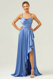 Blå Asymmetrisk Cowl Neck Satin Bridesmaid Klänning med slits