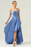 Blå Asymmetrisk Cowl Neck Satin Bridesmaid Klänning med slits