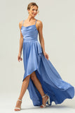 Blå Asymmetrisk Cowl Neck Satin Bridesmaid Klänning med slits