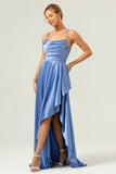 Blå Asymmetrisk Cowl Neck Satin Bridesmaid Klänning med slits