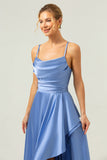Blå Asymmetrisk Cowl Neck Satin Bridesmaid Klänning med slits