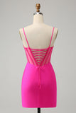 Glitter Fuchsia pärlstav Tight Korsett Kort Homecoming Klänning med slits