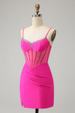 Glitter Fuchsia pärlstav Tight Korsett Kort Homecoming Klänning med slits