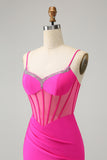 Glitter Fuchsia pärlstav Tight Korsett Kort Homecoming Klänning med slits