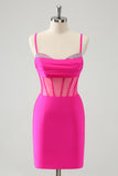 Glitter Fuchsia Spaghetti Remmar Tight Korsett Homecoming Klänning med Beading
