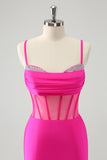Glitter Fuchsia Spaghetti Remmar Tight Korsett Homecoming Klänning med Beading