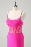 Glitter Fuchsia Spaghetti Remmar Tight Korsett Homecoming Klänning med Beading