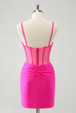 Glitter Fuchsia Spaghetti Remmar Tight Korsett Homecoming Klänning med Beading