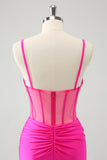 Glitter Fuchsia Spaghetti Remmar Tight Korsett Homecoming Klänning med Beading