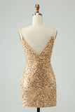 Glittrande Gyllene Bodycon Spaghetti Strap Kort Homecoming Klänning med Paljetter