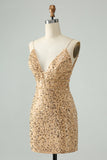 Glittrande Gyllene Bodycon Spaghetti Strap Kort Homecoming Klänning med Paljetter